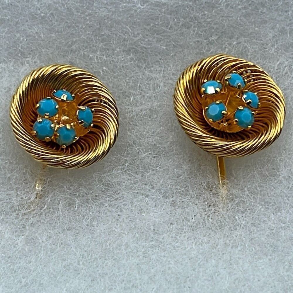 Vintage flower blue glass gold tone clip earrings